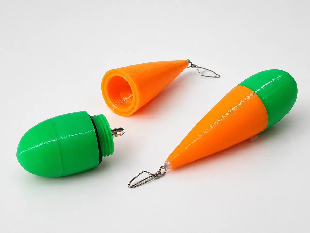 Boyas de pesca impresas en 3D abiertas, mostrando la rosca del cuerpo y la junta tórica que sella el alojamiento del LED.