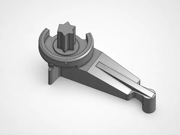 Modelo CAD de una pieza de calefacción con acople estriado y brazo de accionamiento.