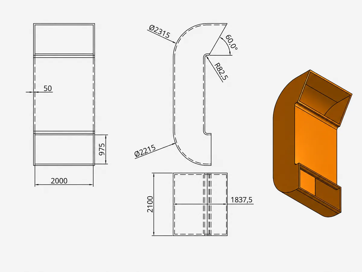 Plano acotado de una cañería de salida para unidad de tratamiento de aire, con sus vistas y el modelo 3D al costado.