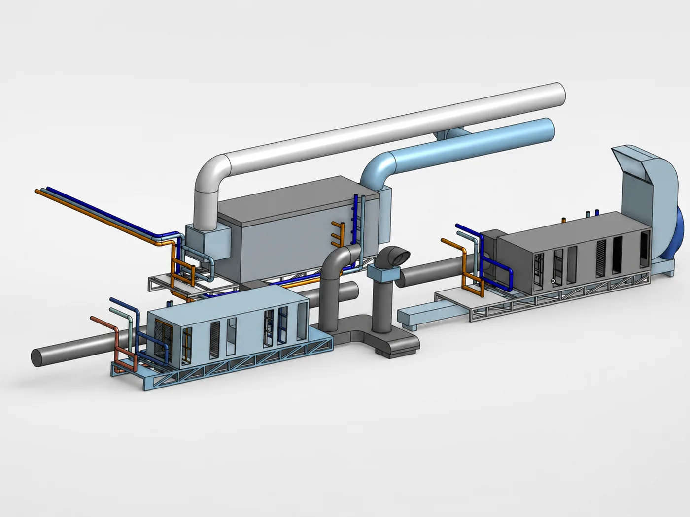 Modelo 3D de una planta de equipos de tratamiento de aire, con sus conductos y cañerías de servicio.
