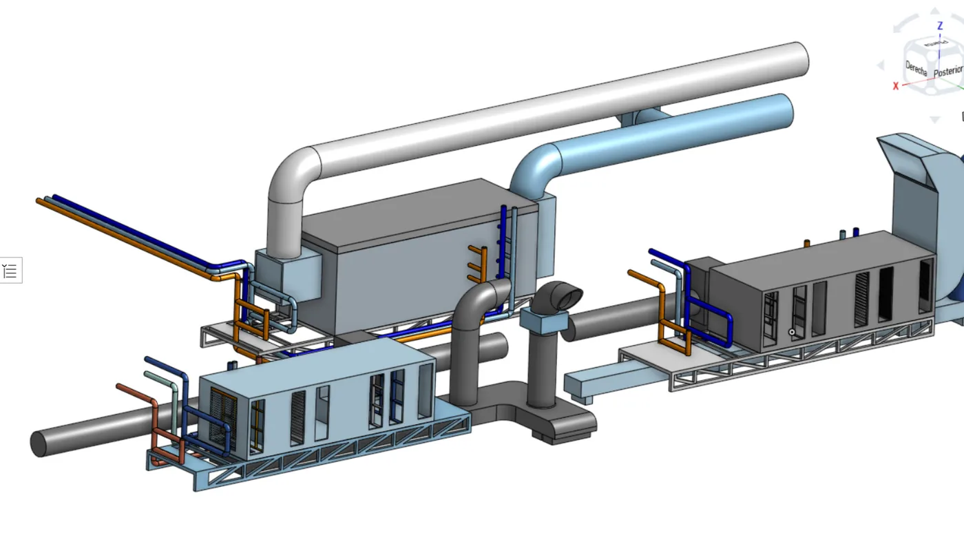 Modelo 3D de un conjunto industrial de conductos y equipos.