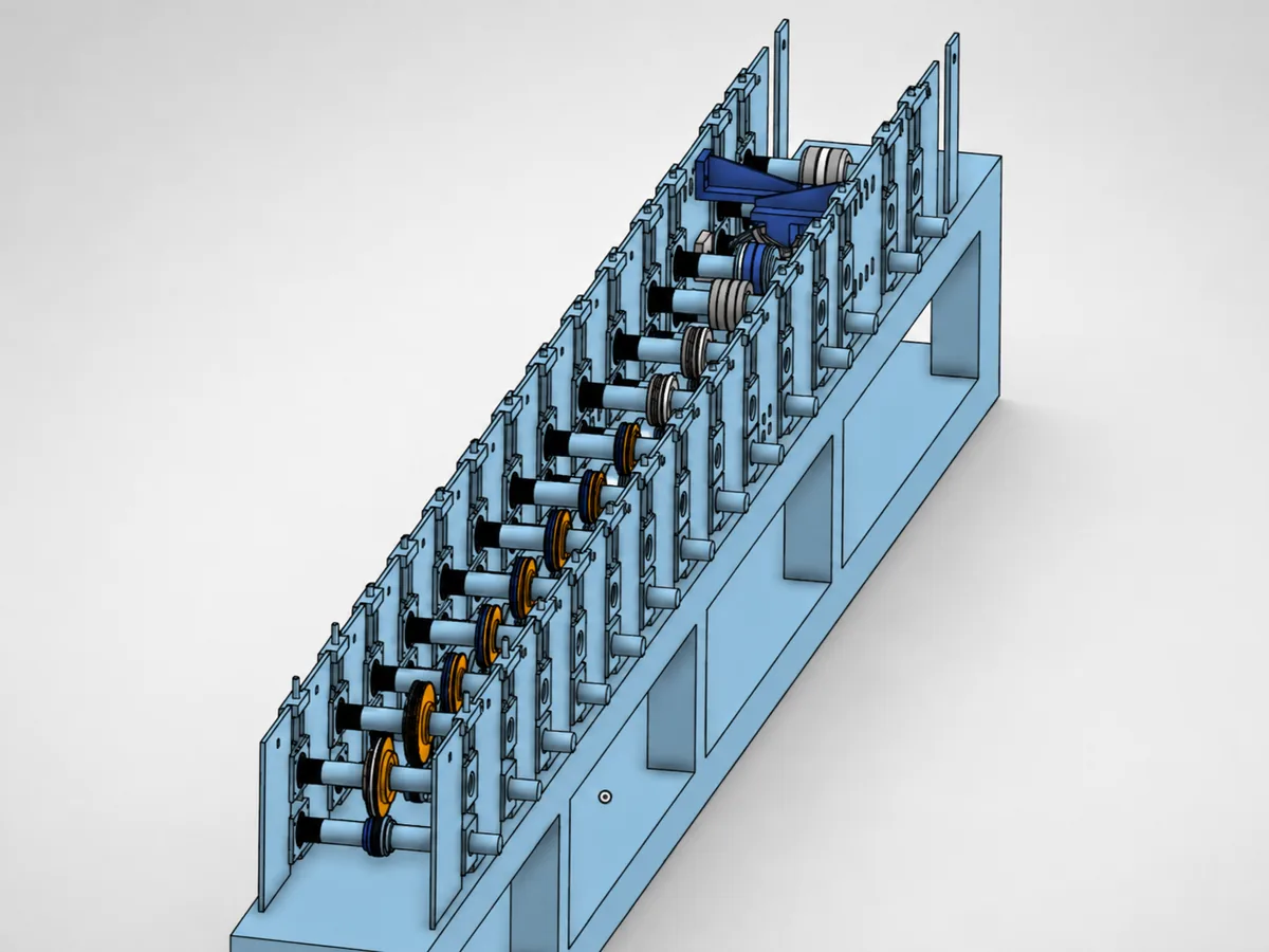 Modelo 3D de una máquina de plegado de chapa: una bancada larga con las estaciones de rodillos alineadas sobre sus ejes.