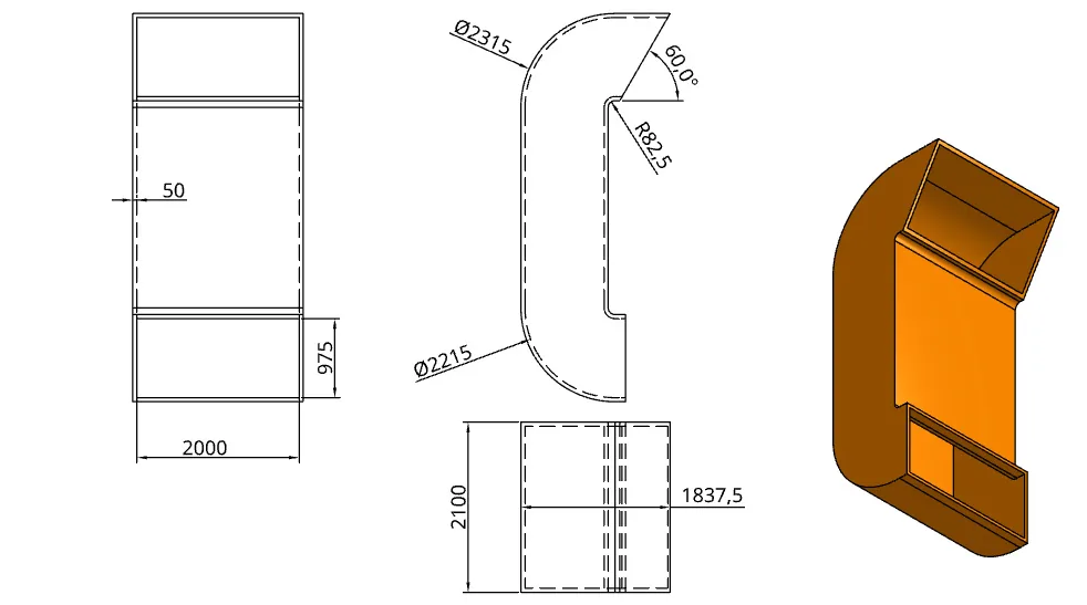 Plano técnico acotado de una pieza junto a su modelo 3D.