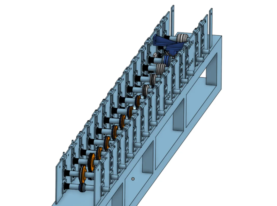 Modelo 3D de una línea de transporte con rodillos.